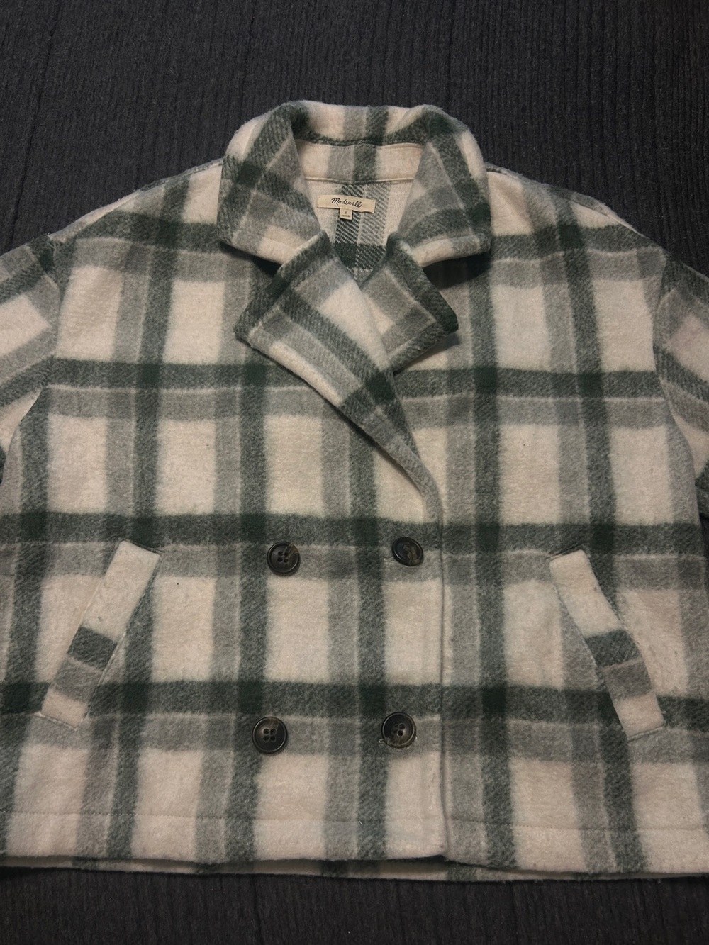 Madewell Green & Cream Plaid Double-Breasted Peacoat